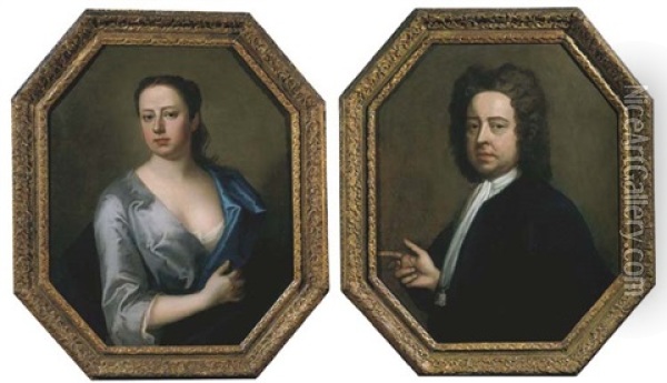 Portrait Of The Artist Hugh Howard, Half-length, In A Dark Coat (+ Portrait Of His Wife Thomasine Howard, Half-length, In A Blue Dress And Wrap; Pair) Oil Painting - Michael Dahl