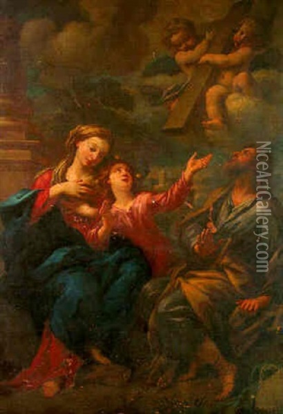 The Holy Family With Angels Carrying The Cross Above Oil Painting - Carlo Maratta