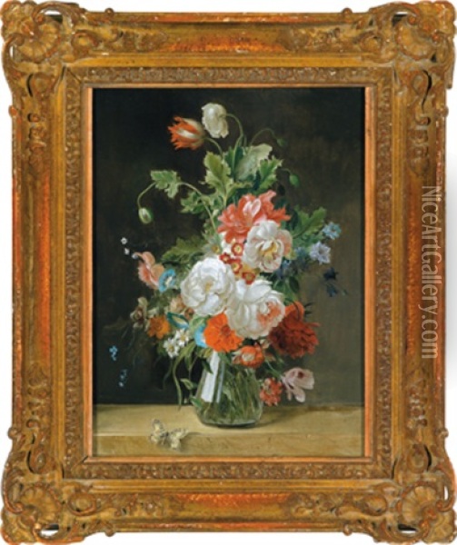Rosen, Tulpen Und Paonien In Einer Glasvase Mit Einem Schmetterling Auf Einer Steinbrustung Oil Painting - Jean Pierre Xavier Bidauld