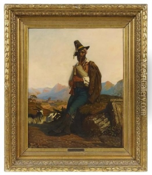 Dudelsack Spielender Hirte Vor Einer Weiten Gebirgslandschaft Oil Painting - Guillaume Desire Joseph Descamps