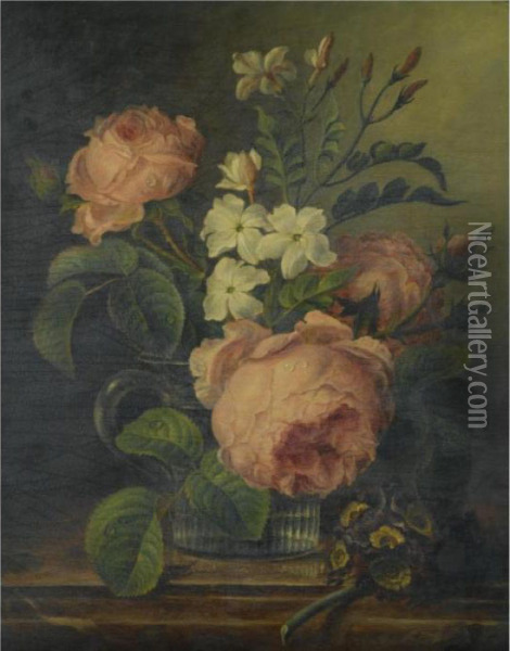 A Still Life With Roses And Narcissi In A Glass Beaker Together With A Sprig Of Primrose On A Marble Ledge Oil Painting - Joseph Laurent Malaine