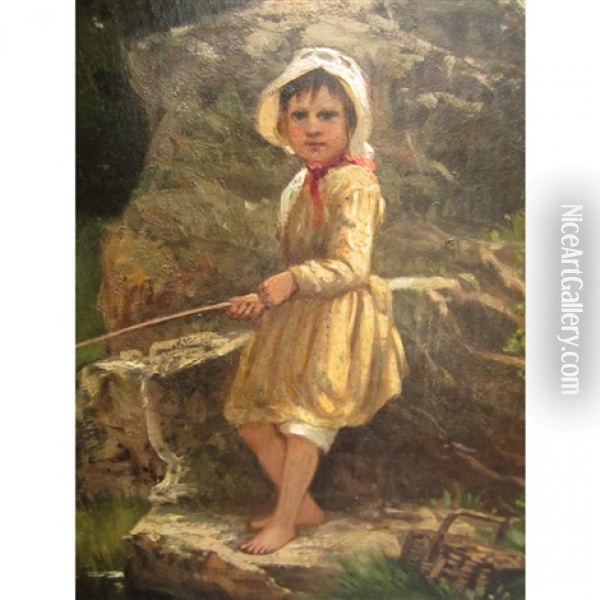 Young Girl Fishing At A Stream Oil Painting - Henri Rondel