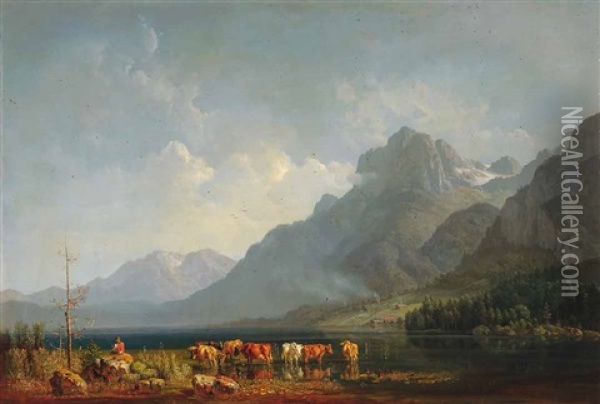 Der Hintersee Bei Berchtesgaden Mit Blick Auf Dei Reiteralpe Oil Painting - Heinrich Buerkel