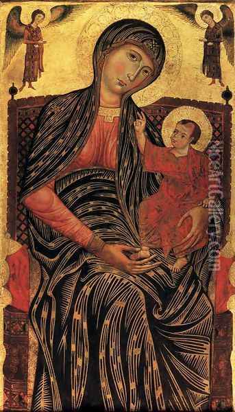 Virgin and Child Enthroned with Two Angels 1270s Oil Painting - Master of Magdalen