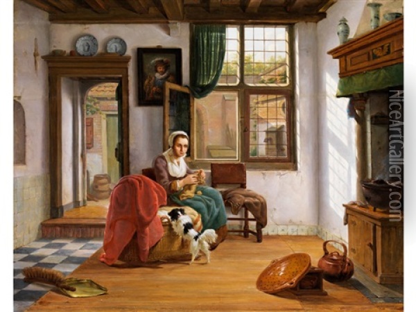 Hollandisches Interieur Mit Strickender Junger Frau Und Hund Oil Painting - Abraham van Stry the Elder