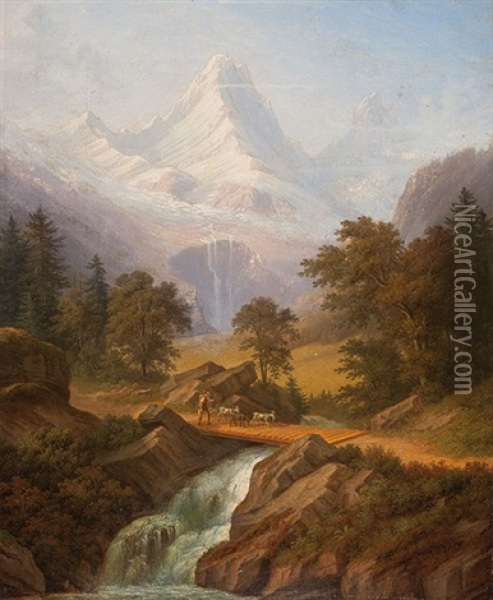 Der Schmadribach Mit Blick Auf Das Breithorn - Im Vordergrund Ein Bauer Mit Ziegen Oil Painting - Anton Winterlin