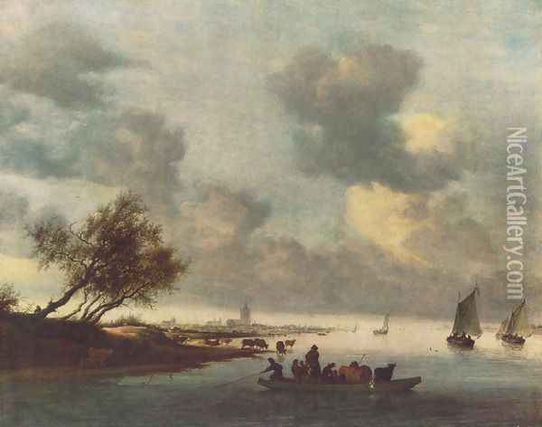 A Ferry Boat near Arnheim 1651 Oil Painting - Salomon van Ruysdael