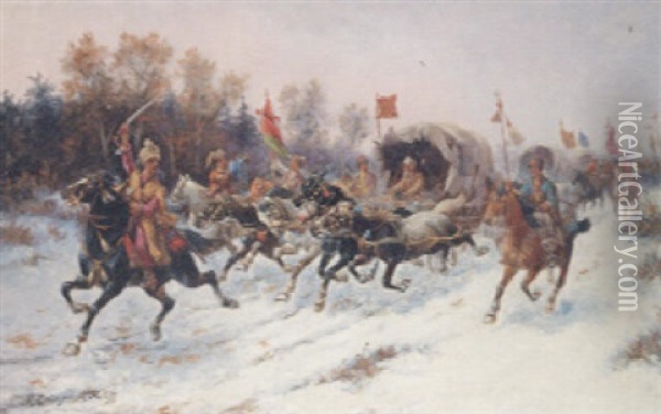 Cossacks In A Winter Landscape Oil Painting - Adolf (Constantin) Baumgartner-Stoiloff