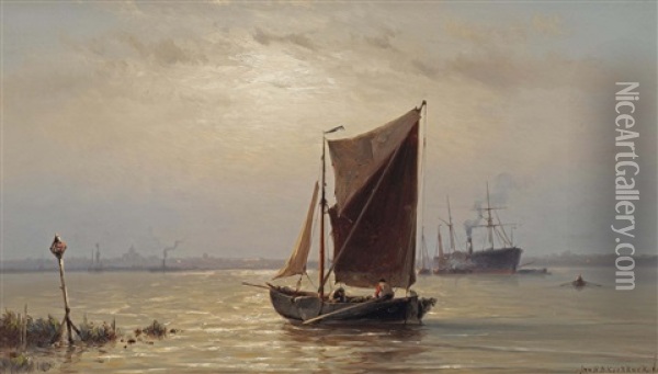 Shipping In An Estuary Oil Painting - Johannes Hermanus Barend Koekkoek