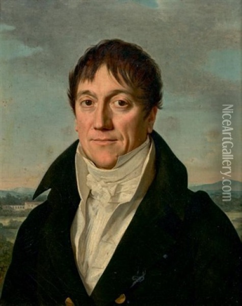 Portrait D'homme En Buste Devant La Campagne Romaine Oil Painting - Jerome-Martin Langlois