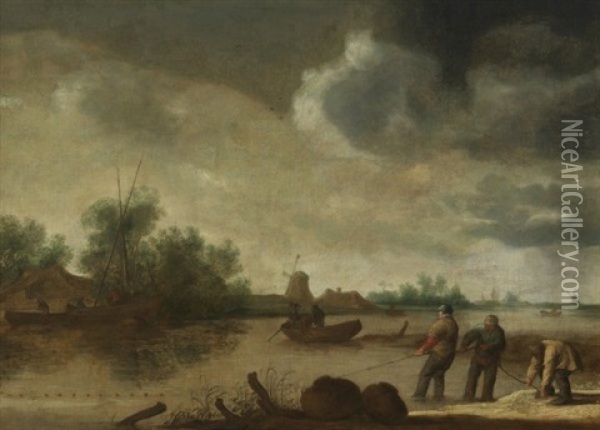 Grosse Hollandische Kanallandschaft Mit Fischern Oil Painting - Pieter Nolpe