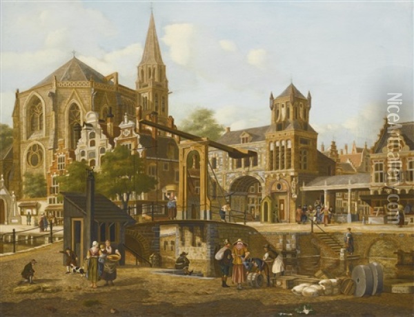 Utrecht: The Market Square And Cathedral Oil Painting - Jan Hendrik Verheyen