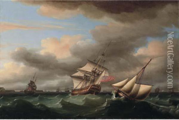 H.m.s. Crown And Her Squadron 
Running Up The Channel Towards Dealwhere Other Ships Of The Fleet Are 
Anchored Offshore Oil Painting - Thomas Whitcombe