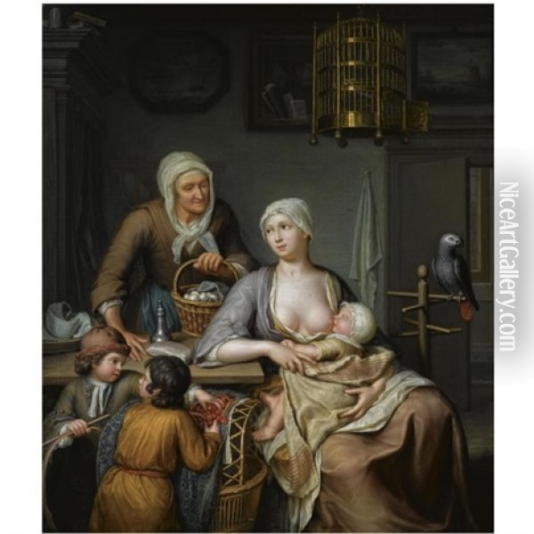 A Mother Nursing A Child In An Interior, Together With Two Young Boys Taking Cherries And An Elderly Woman Bringing A Basket With Eggs Oil Painting - Hieronymus van der Mij