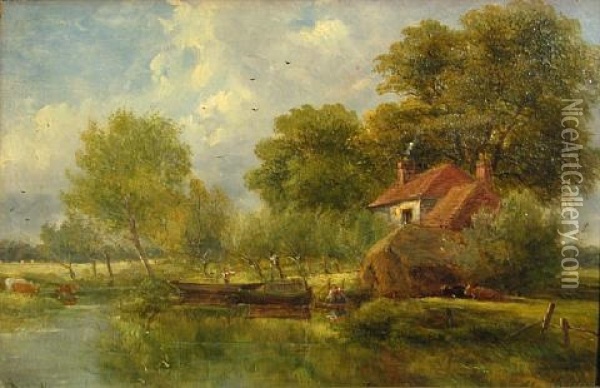 A Ferry On The Lea, Tottenham (+ A Lane At Mill Hill, Middlesex; Pair) Oil Painting - Adam Barland