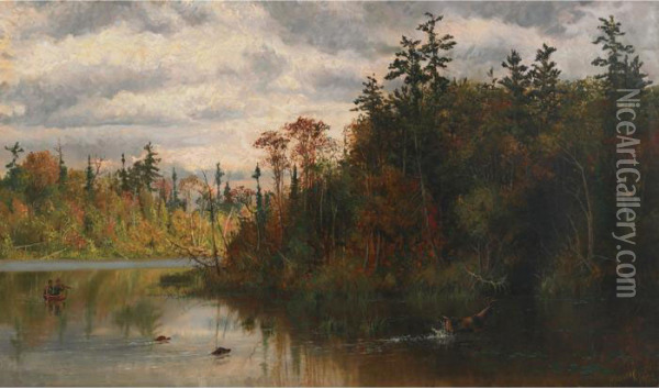 Two Hunters In A Canoe Persuing Their Prey Oil Painting - Thomas Mower Martin