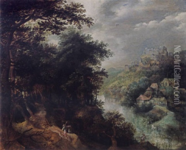 An Extensive Wooded River Landscape With A Huntsman And His Dogs On A Path, A Village Beyond Oil Painting - Anton Mirou