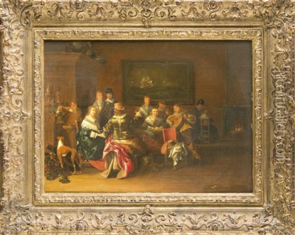 Vornehme Tischgesellschaft, Musizierend, Trinkend Und Lesend An Einer Grosen Tafel Unter Einem Marinegemalde, Am Linken Rand Ein Junger Mann An Einem Buffet Von Prunkgefasen Oil Painting - Christoffel Jacobsz. Van Der Lamen