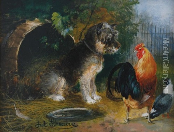 Dog And Birds In A Yard Oil Painting - Julius Scheuerer