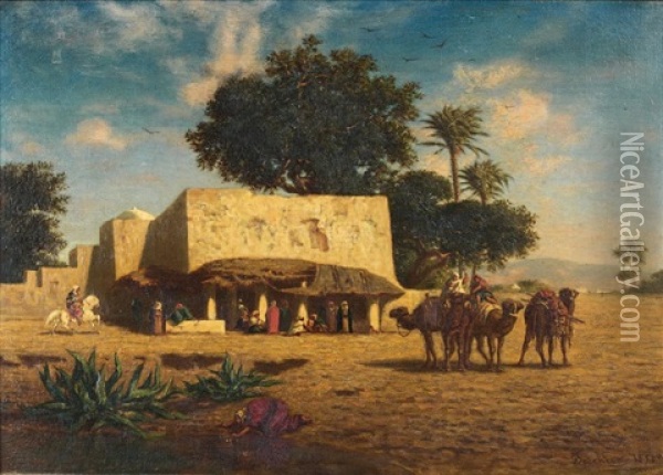 Arrivee De La Caravane Au Caravanserail Oil Painting - Narcisse Berchere