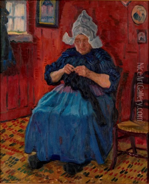 Old Lady Knitting Oil Painting - Arnold Borisovich Lakhovsky