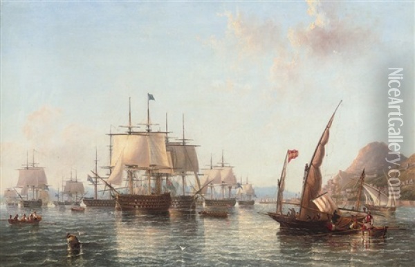Admiral Lord Exmouth's Fleet Preparing To Leave Gibraltar For The Battle Of Algiers Oil Painting - John Wilson Carmichael