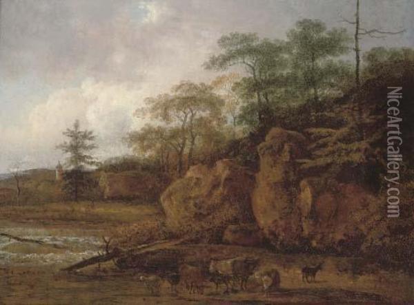 A Wooded Valley Landscape With Cattle By A River Oil Painting - Johann Christian Vollerdt or Vollaert