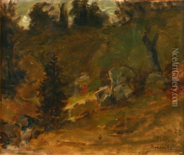 Waldlichtung Mit Wiesenboschung, Rot Gekleidete Frauengestalt Im Mittelgrund Oil Painting - Karl Peter Burnitz