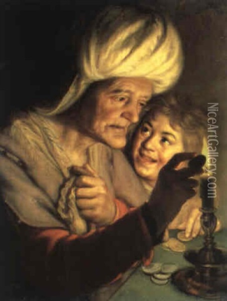 Alte Frau Und Ein Knabe Betrachten Bei Kerzenschein Eine    Muenze Oil Painting - Paulus Moreelse