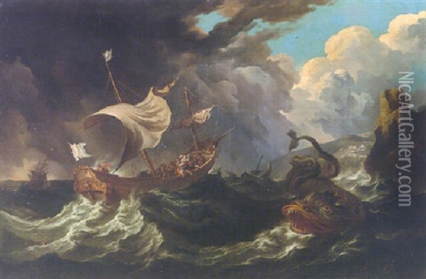 A Shipping Scene On Choppy Seas With Jonah And The Wale Oil Painting - Pieter Mulier the Younger