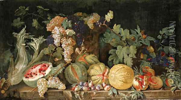 Melons, plums, pomegranates, figs, grapes, cardoon and other fruit by a sculpted urn on a stone ledge Oil Painting - Dutch School