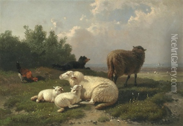 Sheep Resting; A Pair Each 16.8 X 24cm (6 5/8 X 9 7/16in).(2) Oil Painting - Jacob Van Dieghem