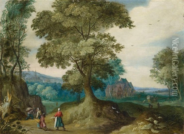 Wooded Landscape With Figural Staffage Oil Painting - Jasper van der Laanen