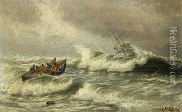 The Lifeboat Is On Its Way Out Into The Rough See To Rescue A Beached Ship Oil Painting - Carl Ludvig Thilson Locher