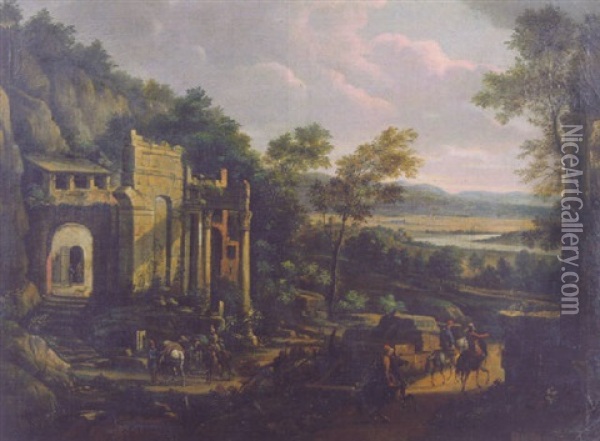 Travellers On A Road Passing An Inn Among Classical Ruins In An Italianate Landscape Oil Painting - Willem Van Bemmel