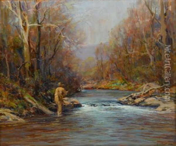 Fly Fisherman On A River Oil Painting - John Frost