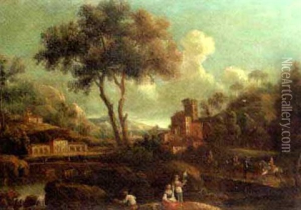 A Landscape With A Fisherman And Peasants Crossing A River, A Village And Mountains Beyond Oil Painting - Giovanni Battista Cimaroli