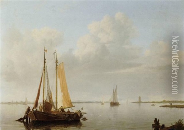 A Calm: Fishing Vessels At Anchor In A River Estuary Oil Painting - Hermanus Koekkoek the Elder