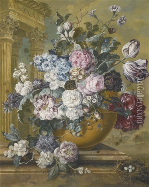 Still Life Of Summer Flowers In A Bowl, With Butterflies And A Bird's Nest Upon A Marble Ledge, A Temple Beyond Oil Painting - Jacobus Linthorst