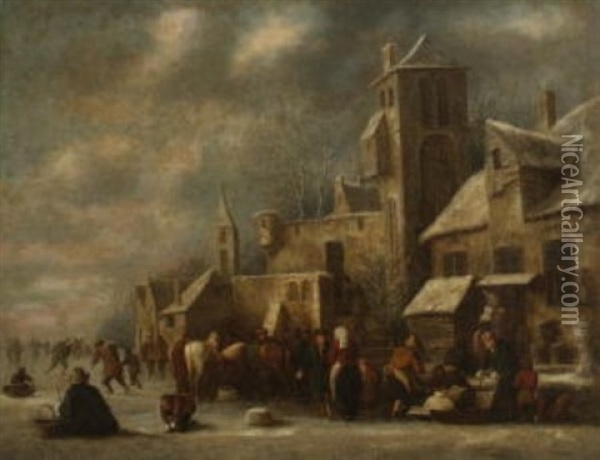 Winterliche Dorfansicht Mit Figurenstaffage Oil Painting - Thomas Heeremans