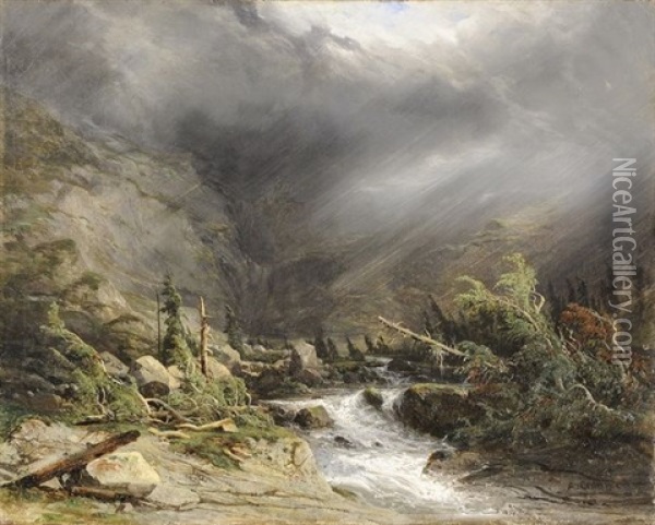 La Route Du Grimsel (+ Paysage Des Hautes Alpes; 2 Works) Oil Painting - Alexandre Calame