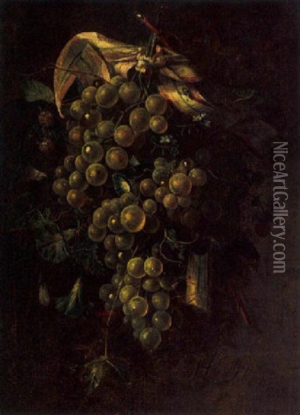 A Still Life Of Grapes, Flowers And Berries, All Tied With A Ribbon Oil Painting - Hendricus Sweegman