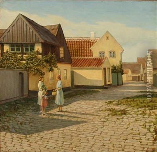 Summer Day At Jens Eybert's Square In Dragor, Denmark Oil Painting - Sophus Vermehren