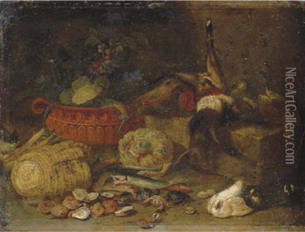 Pigeons And Fish With A Cat And A Wicker Basket And A Terracotta Pot With A Cauliflower Oil Painting - Jan van Kessel the Elder