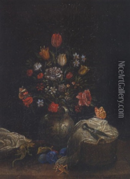 Stillleben Mit Blumen, Insekten, Eidechse Und Nahkorb Oil Painting - Johann Daniel Bager