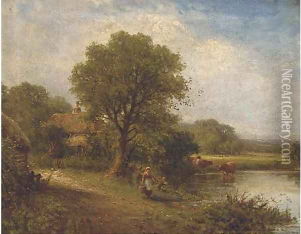 A young woman by a pool with cattle watering and a cottage beyond Oil Painting - Henry Maidment