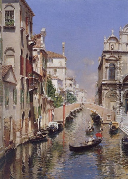 A Venetian Canal With The Scuola Grande Di San Marco And Campo San Giovanni E Paolo, Venice Oil Painting - Rubens Santoro