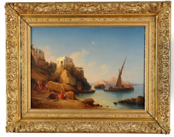 Italiensk Kustbild Med Fiskare Pa Stranden Oil Painting - Josef Magnus Stack