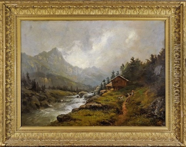 Chevres Et Paysanne Au Bord Du Torrent De Montagne Oil Painting - Theodore Levigne