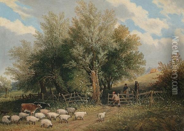 Country Landscape With Cattle, Sheep And Figures By Gate Oil Painting - Ralph W. Lucas